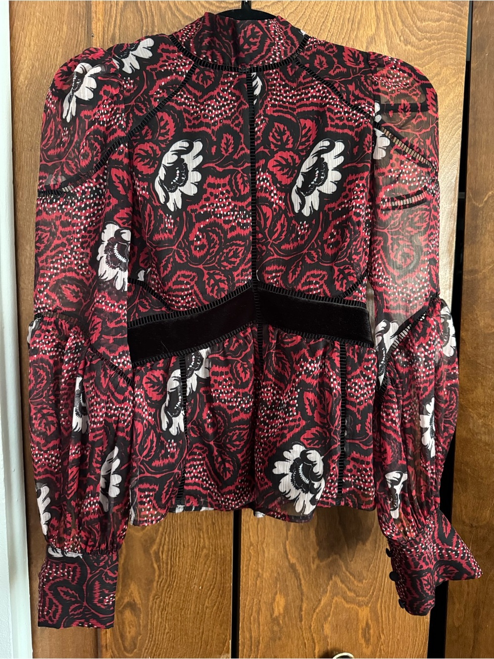 Ted Baker Red, Black & White Floral Peplum Blouse Size US 4